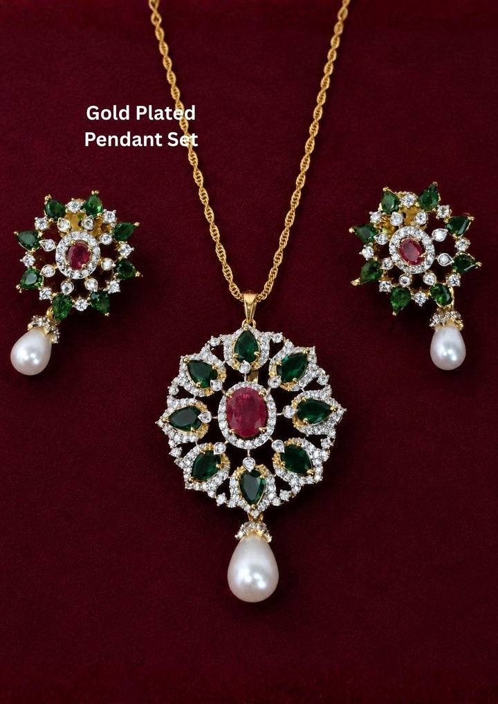 Zircon Diamond Flower Design Pendant with Earrings