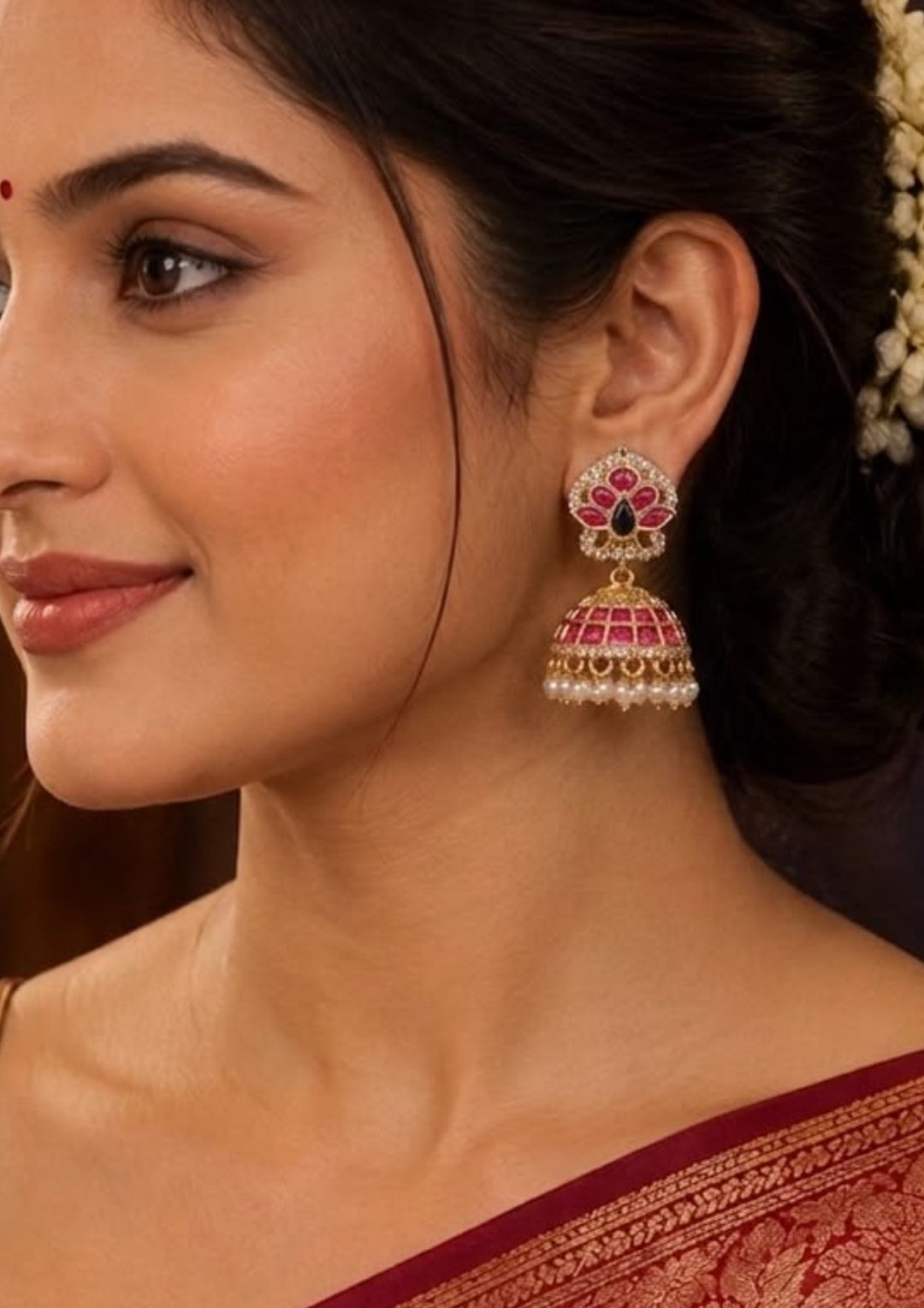 Close-up of a woman wearing traditional earrings Gold plated jhumka earrings featuring an ornate, peacock-inspired floral top stud set with a central black teardrop stone, vibrant ruby-pink petals, and a border of sparkling white CZ diamonds. The hanging dome-shaped jhumka bell is meticulously lined with rows of ruby-pink stones and white crystals, finished with a delicate fringe of dangling white pearls. Crafted for festive celebrations with premium quality