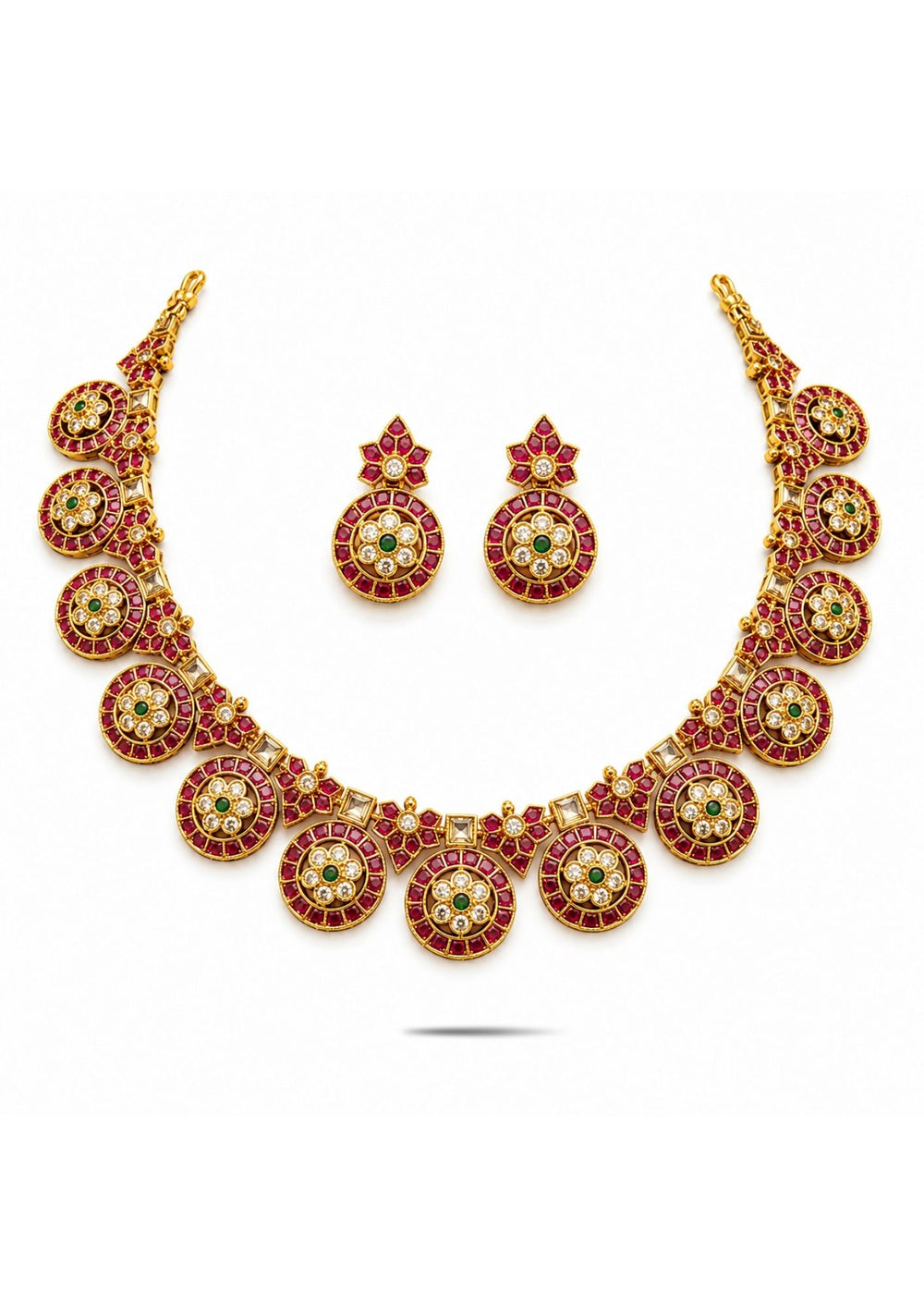 where in white background shows very clear Gold-plated necklace and earrings comes with real kemp its is traditional south indian necklace set and it is anti faded and sweat proof necklace set and can be used for weeding's , bridals, and festivals   