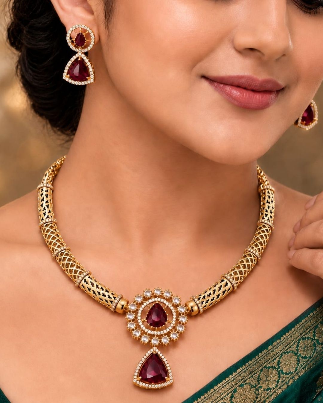South indian women Gold-plated necklace and matching earrings set displayed on a black jewelry bust. The necklace features a textured gold chain with a central teardrop pendant and matching drop earrings, embellished with green stones and small clear stones.