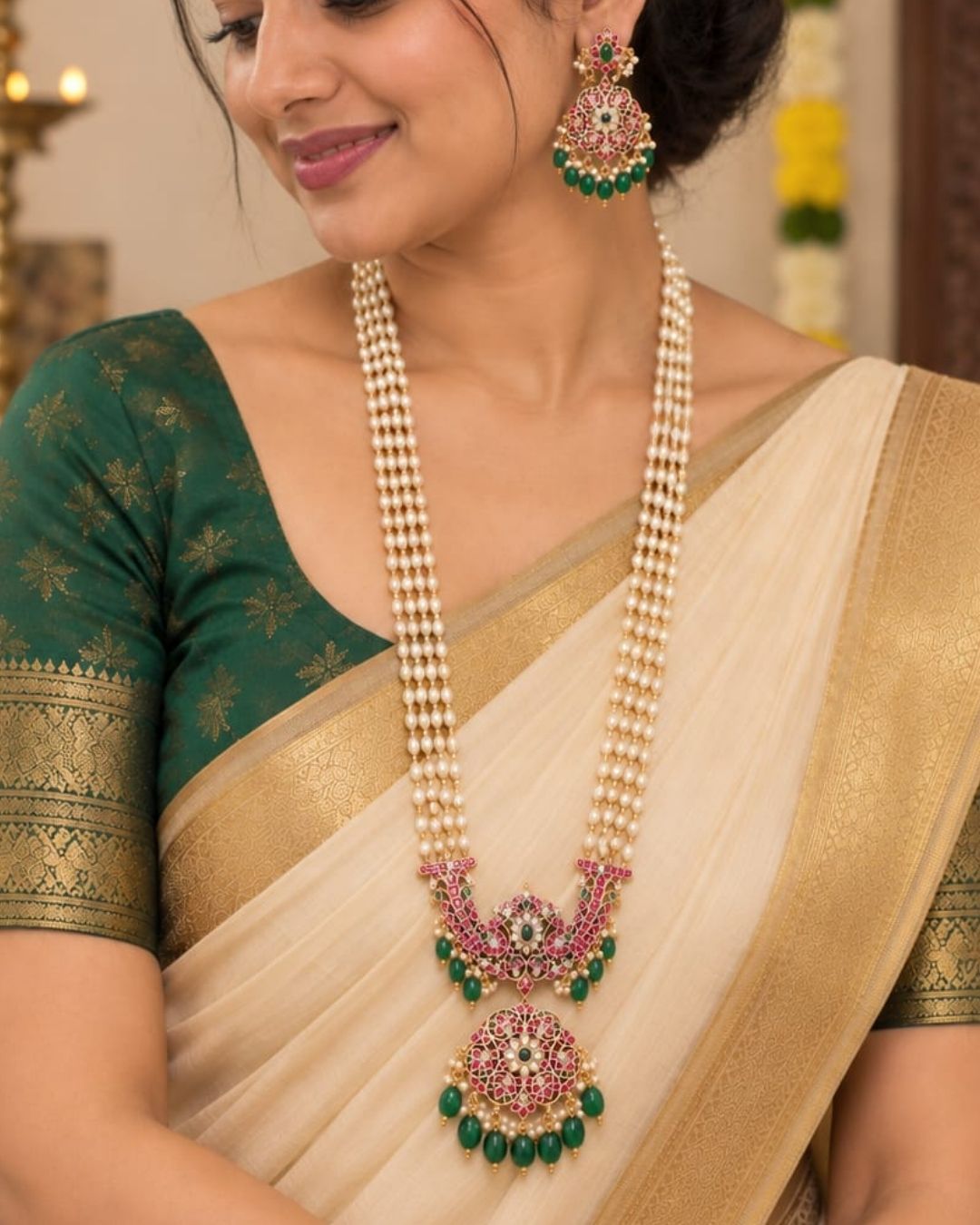 Rice Beads Gold Plated Haram (Necklace) With Earrings