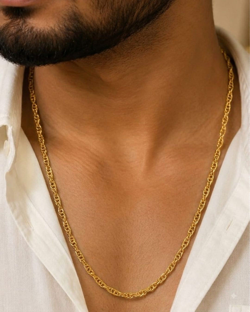 18K gold plated men's chain featuring a bold interlocking link design with a polished gold finish, perfect for daily wear and special occasions.