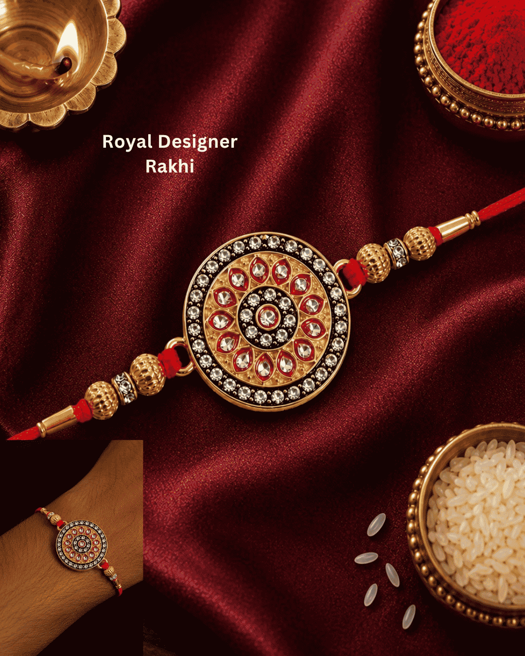 Beautiful Royal Designer gold plated Rakhi featuring a stone-studded circular centerpiece and elegant bead detailing. Perfect for Raksha Bandhan celebrations and thoughtful gifting.
