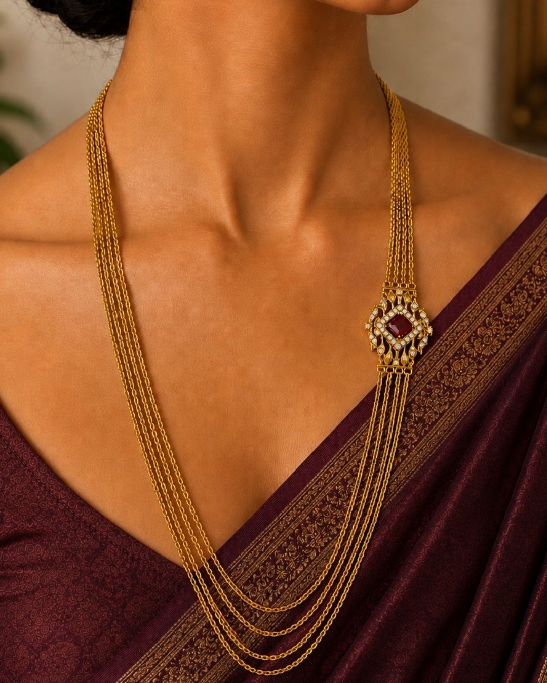 Beautiful ruby stone Chandra Haram gold plated necklace featuring multiple layered chains and an elegant red centerpiece with intricate gold and sparkling stone detailing. Perfect for festive occasions, traditional outfits, weddings, temple visits, and premium gifting.
