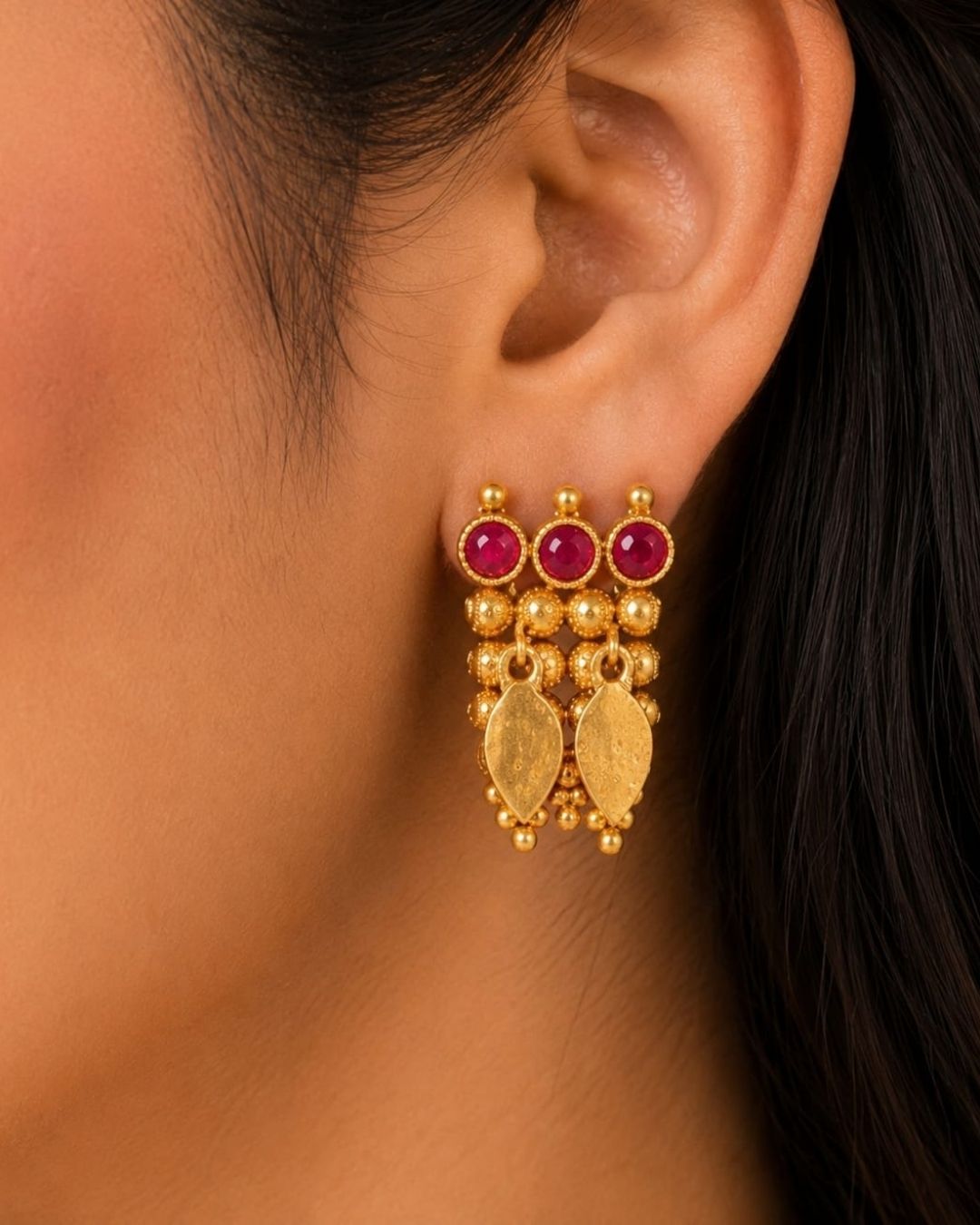 South indian women Beautiful gold plated Kundan choker necklace set featuring a detailed ruby stone border, layered golden beadwork, and elegant hanging motifs, paired with matching earrings. Perfect for festive occasions, traditional wear, weddings, and gifting.