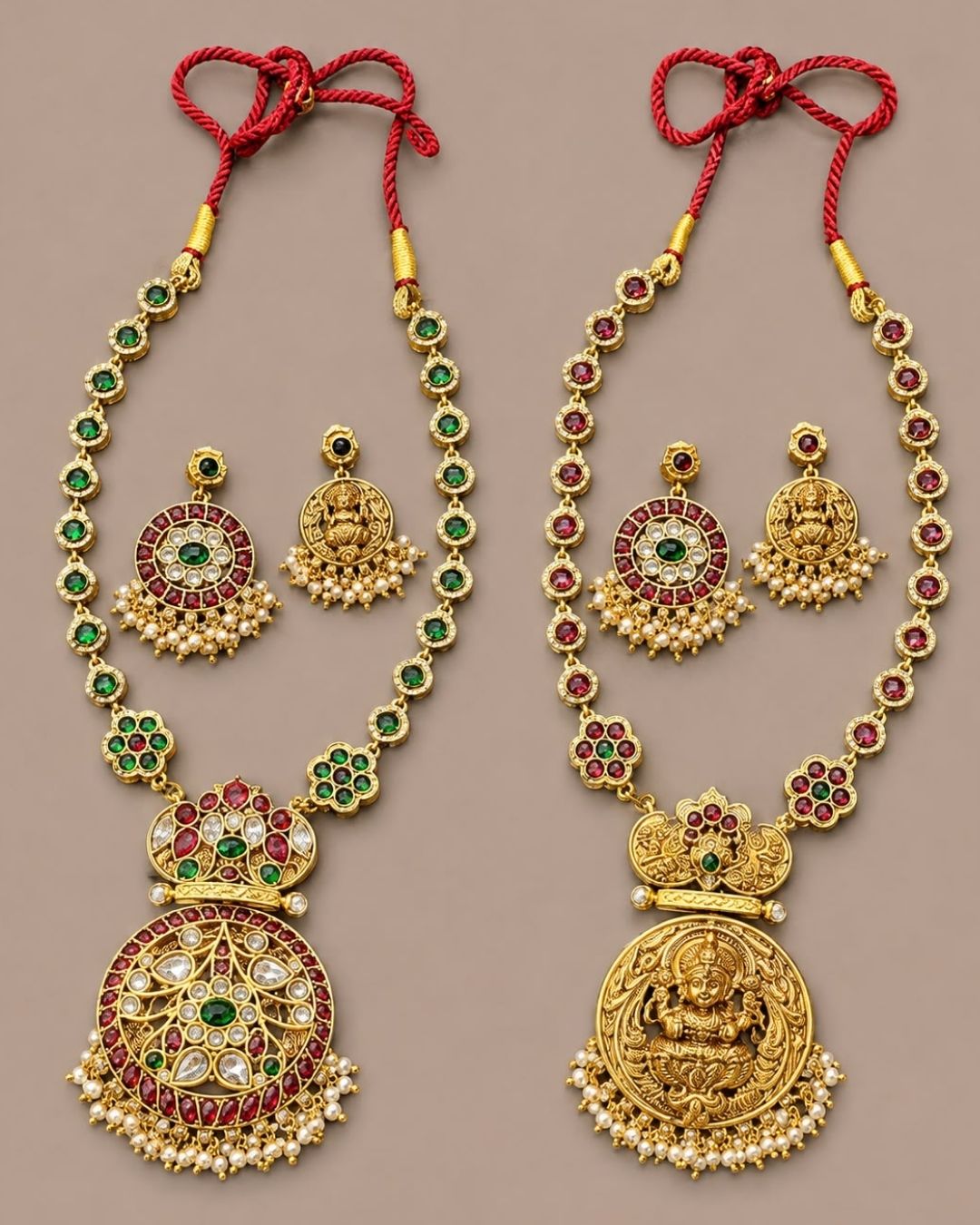 Traditional 2-in-1 temple jewelry set featuring dual pendants, one Lakshmi coin design and one CZ floral design, with matching earrings, ruby and emerald stones, and pearl drops.