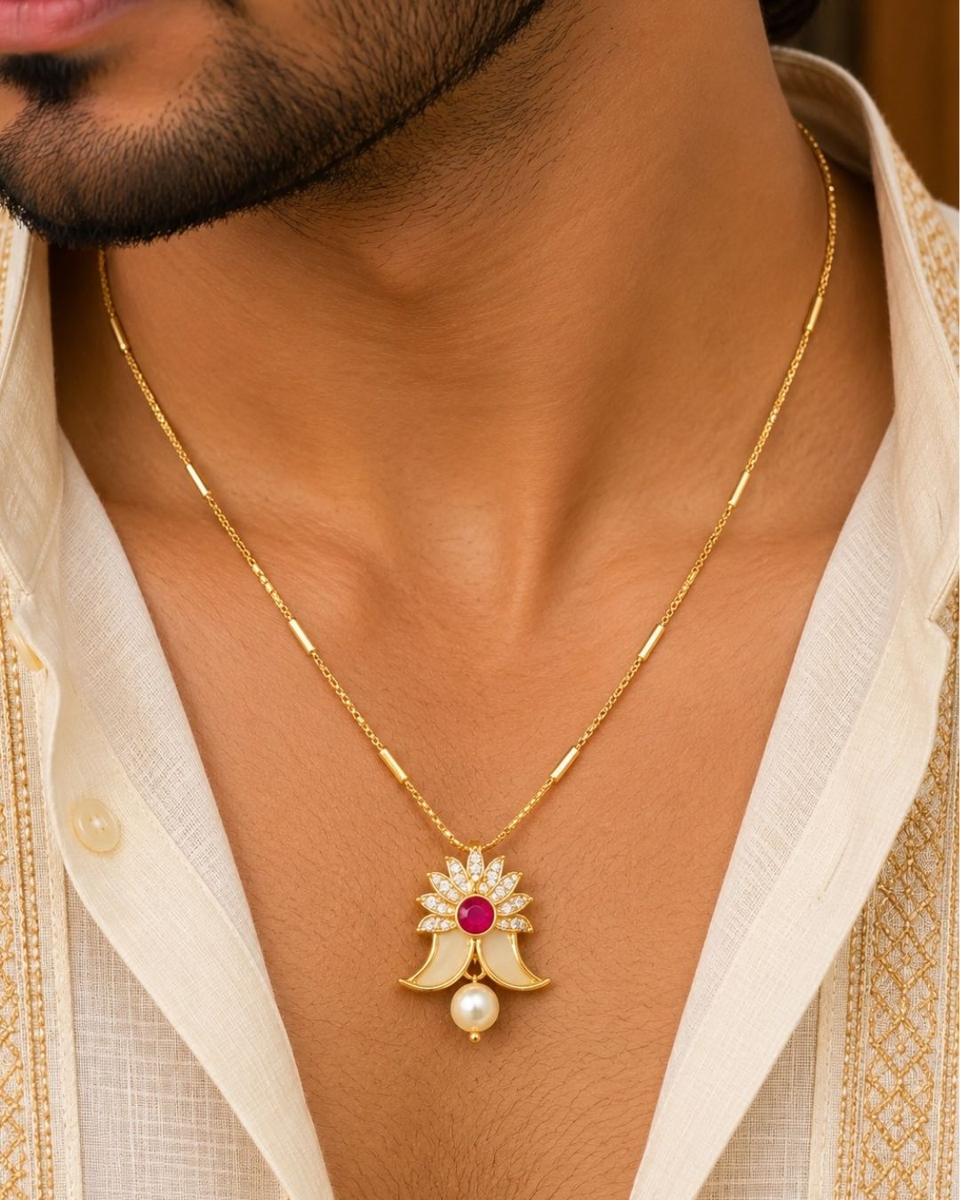 gold plated puligoru chain comes with pearl drop and rudy stone in pendent and show picture clearly how it looks and anti faded and skin safe and can be used for weeding&