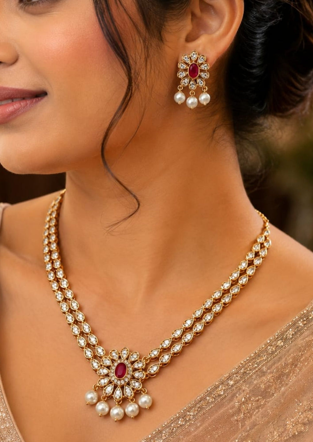South Indian Women's Beautiful Jadau Kundan gold plated pearl necklace set featuring dazzling white kundan stones, a ruby center stone, elegant pearl drops, and matching earrings. Perfect for weddings, festivals, receptions, traditional outfits, special occasions, and premium gifting.
