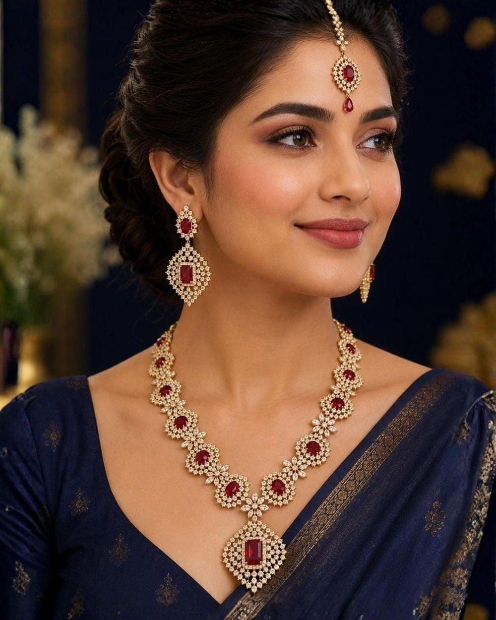 South indian women's Premium gold plated CZ diamond necklace set adorned with ruby-colored stones, floral zircon detailing, matching earrings, and a maang tikka in a luxurious display.