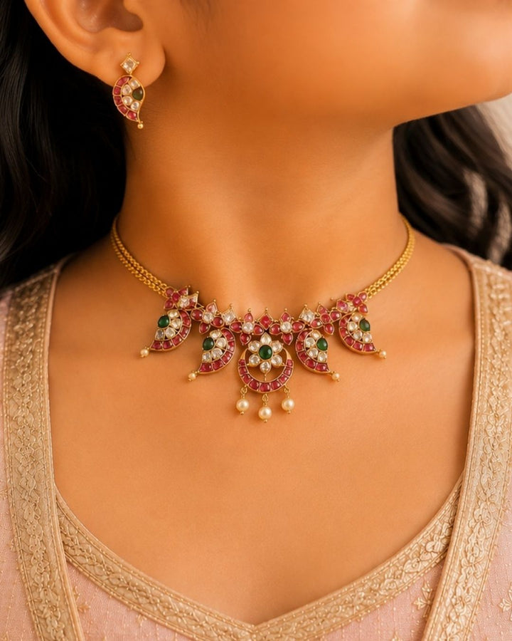 Kundan Gold Plated Real Kempu Necklace with earrings and Shows Much Traditional in partiture jewelary shown very clearly and can be used for festivals , weeding&