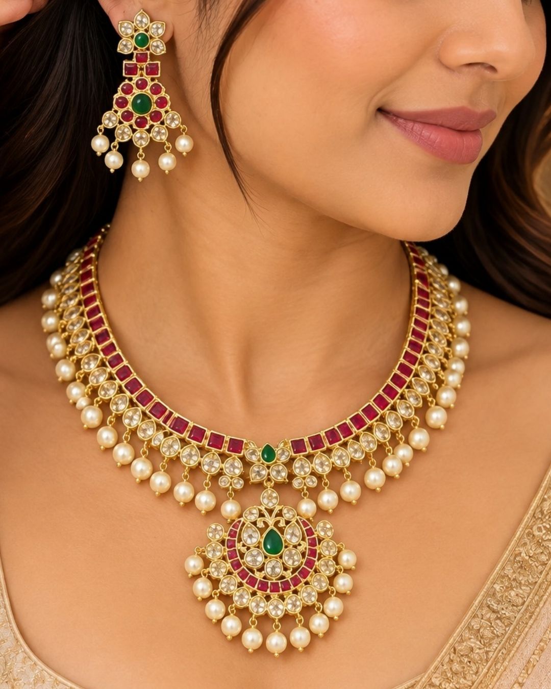 Traditional style 18K gold plated choker necklace set designed with a red stone border band, white crystal outlines, a central crescent pendant, and clean rows of hanging white pearl drops that give a neat traditional look for festive celebrations, poojas, and weddings.