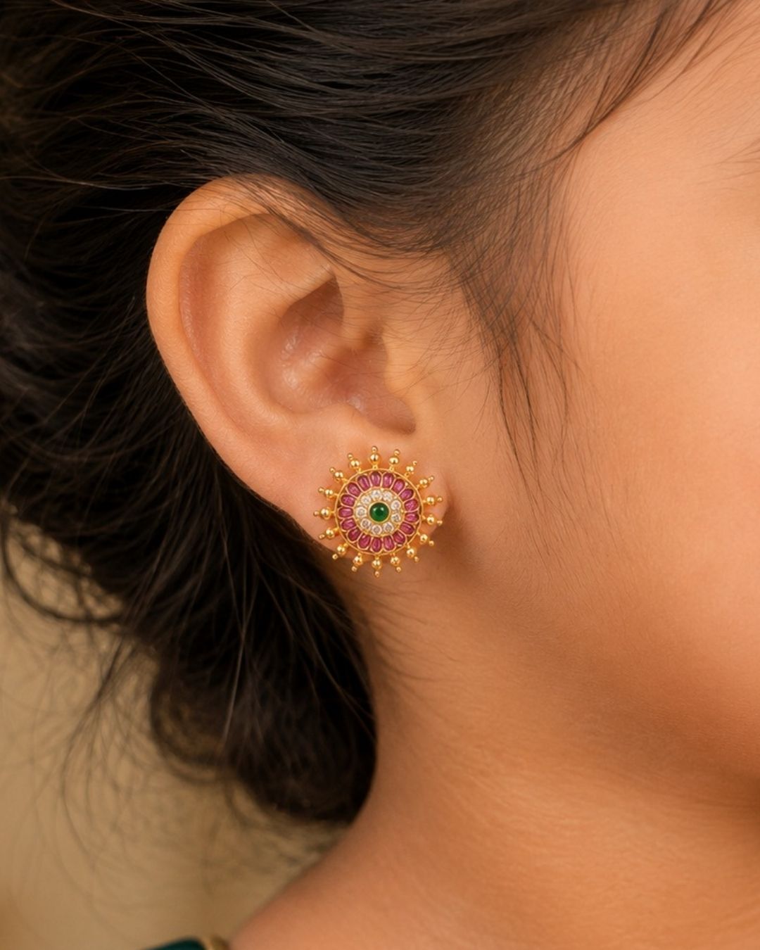 Gold-plated Jadau kundan real kemp studs  come with red gemstone and looks very elegant and  comes with much detailed look and can use for daily ware, functional ware, festive ware and perfect for gifting 