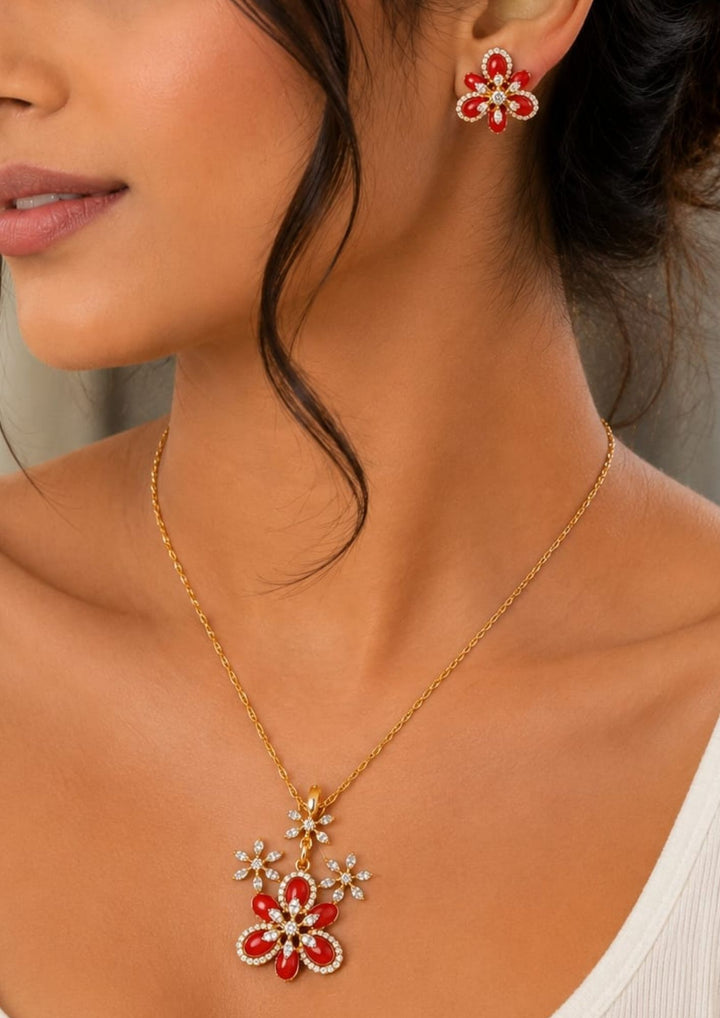 south indian traditional women wore zircon coral flower pendent and with neat finish can use for dailyware, pooja , festivals 