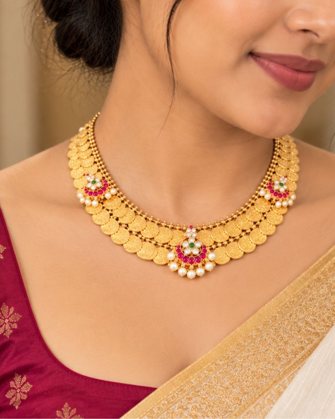 Traditional gold plated designer necklace and earrings set featuring rows of detailed coin motifs, floral designs with ruby, green and white stones, and pearl drops, perfect for festive, wedding, and traditional occasions.
