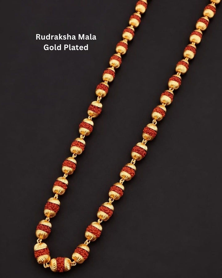 Beautiful Rudraksha Mala featuring alternating Rudraksha beads and gold plated decorative elements. Perfect for daily wear, spiritual occasions, temple visits, traditional outfits, festive occasions, and premium gifting.