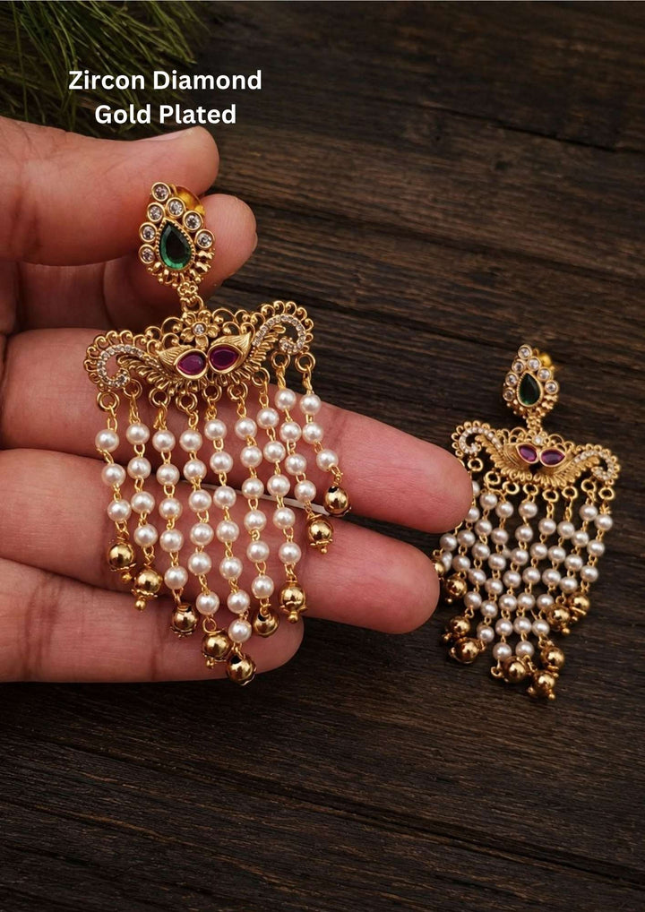 Jadau Kundan Gold Plated Beads with Pearl Jhumkas w35