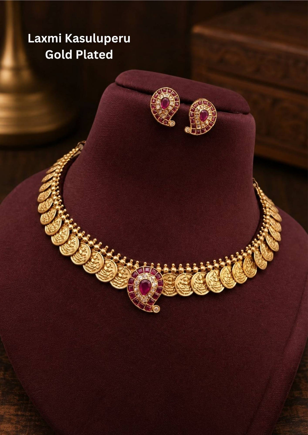 Kundan Gold Plated Laxmi Devi Temple Kasulaperu Necklace with Earrings f35