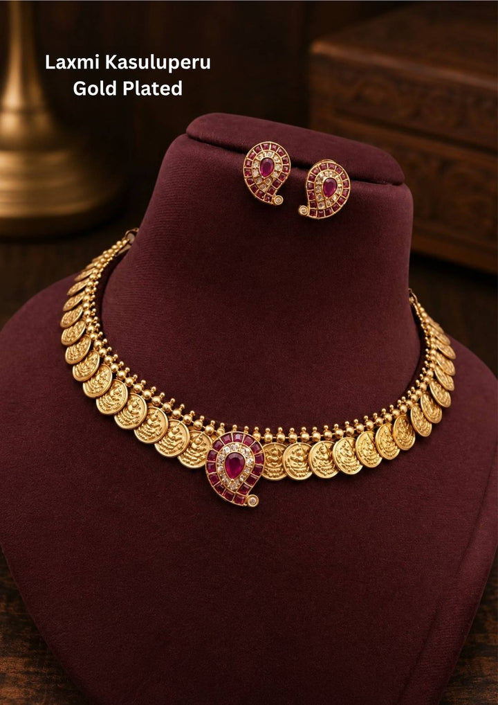 Kundan Gold Plated Laxmi Devi Temple Kasulaperu Necklace with Earrings f35
