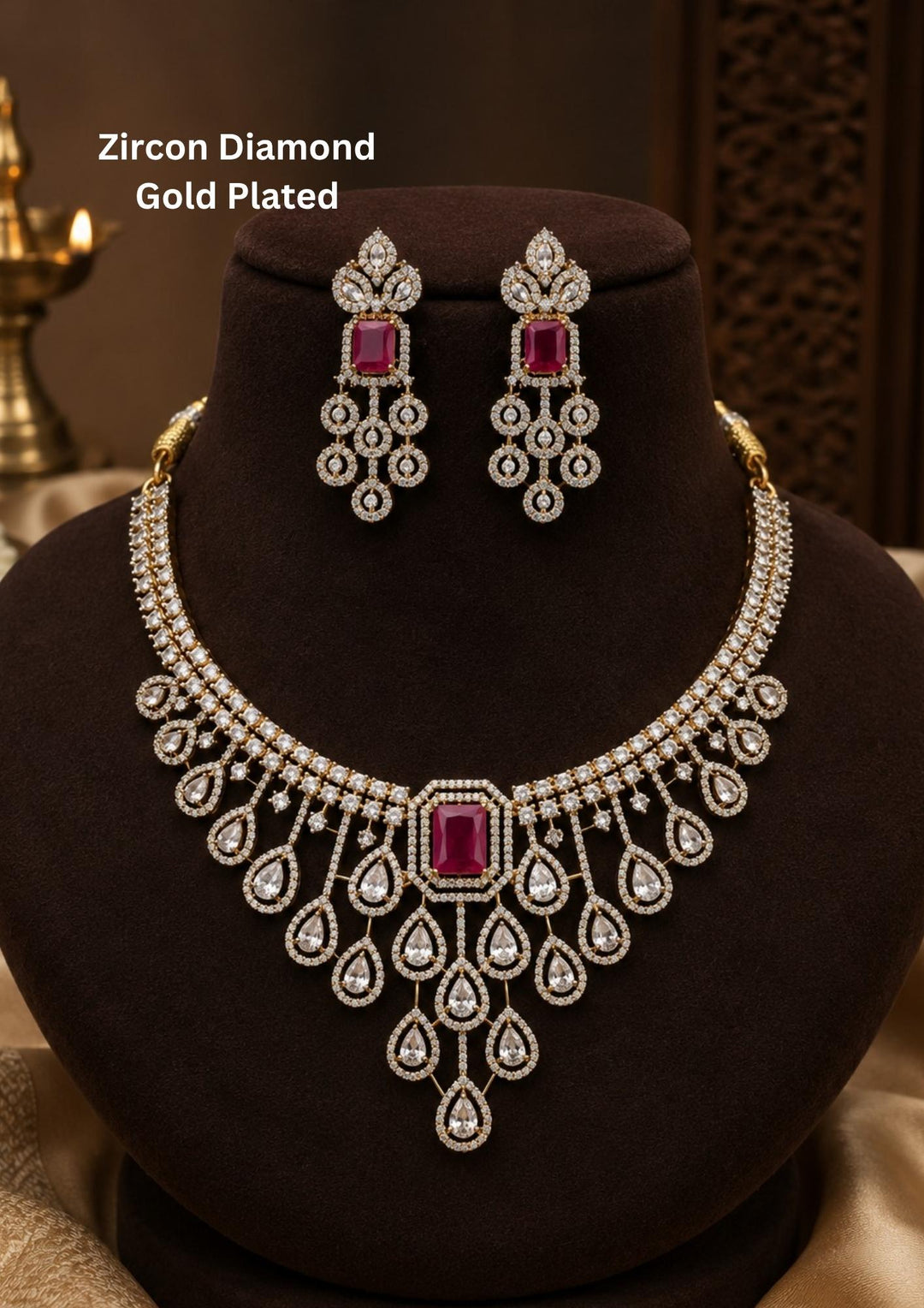 Zircon Diamond Gold Plated Necklace with Earrings