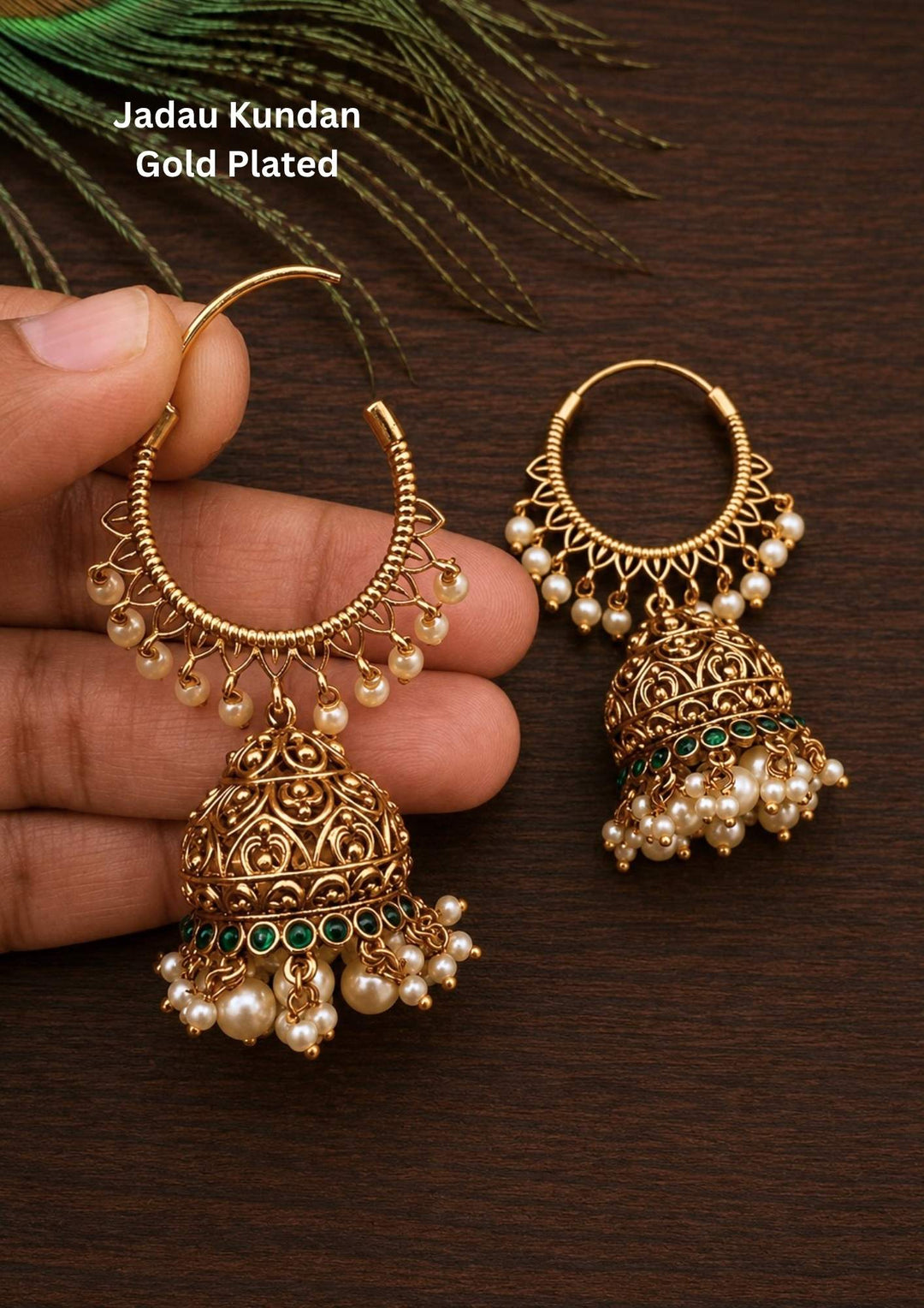 Kundan Gold Plated Hoop Jhumkas with Pearl Drops g10699