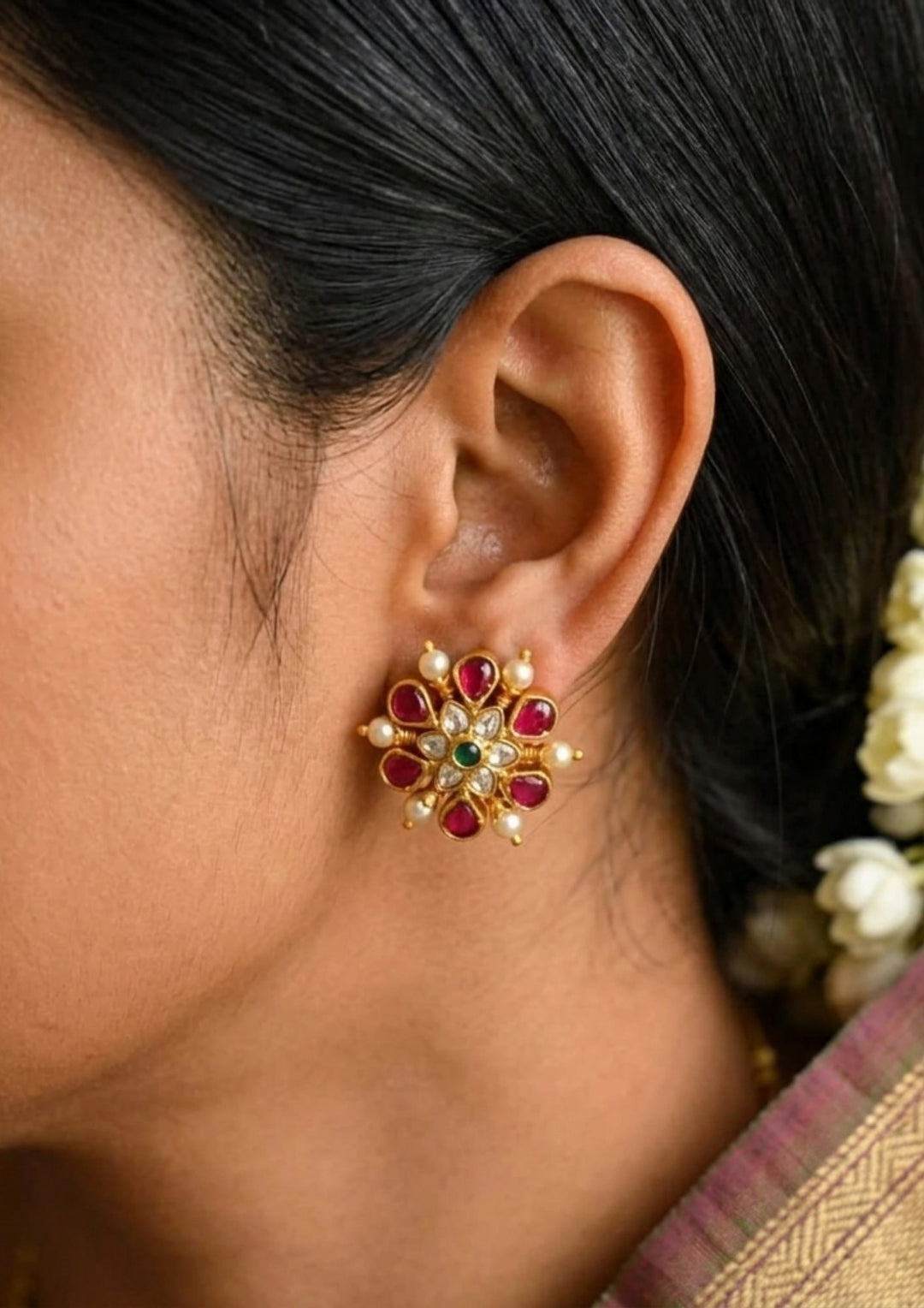 traditional south indian women wore a pink gemstone stud and looks very neat and Jadau Kundan Screw back Gold Plated Pink Studs and used for funtional , festival , daily ware and perfect for gifting 