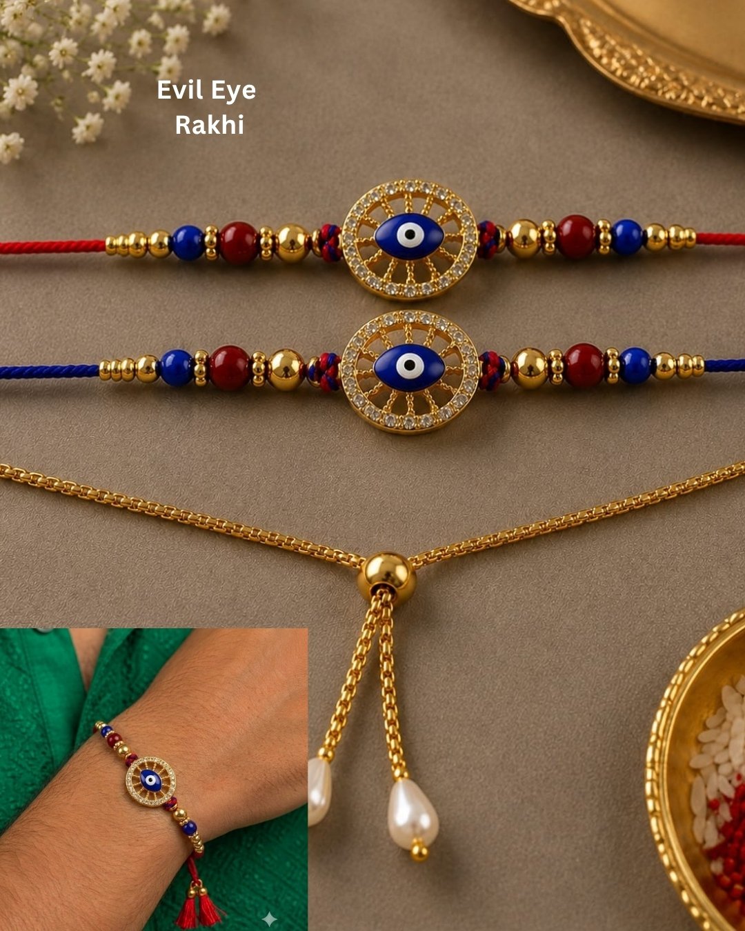 Designer Evil Eye Rakhi gift set featuring matching red and blue thread Rakhis with crystal-studded Evil Eye charms and a stylish adjustable bracelet.