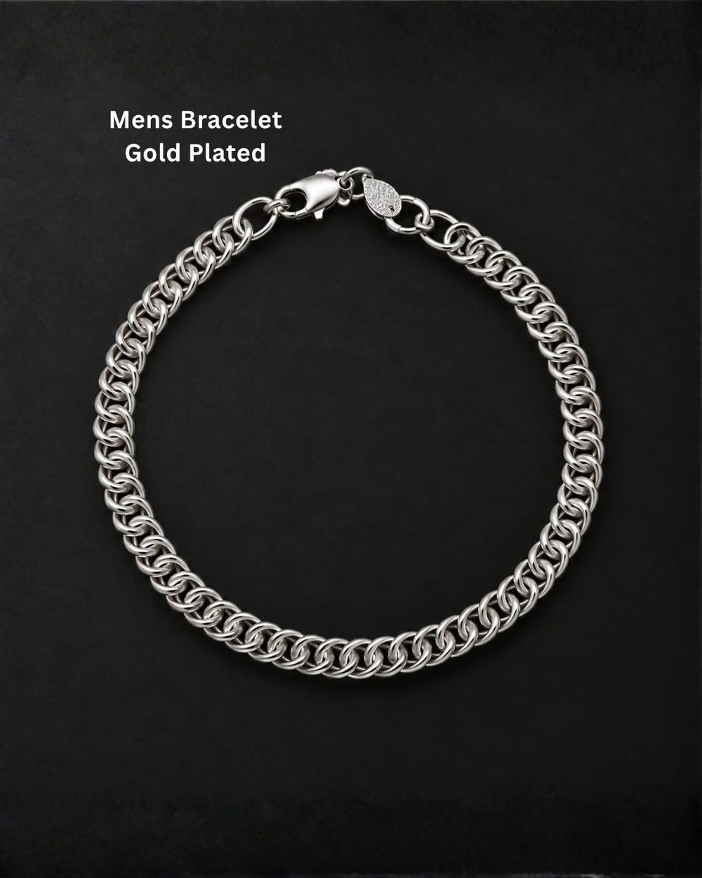 Stylish men’s silver finish bracelet arranged in a circular shape on a black background, highlighting its detailed chain design.