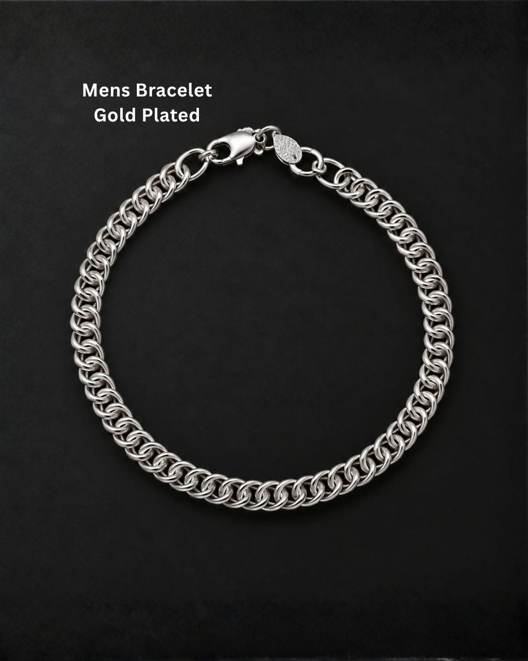 Stylish men’s silver finish bracelet arranged in a circular shape on a black background, highlighting its detailed chain design.