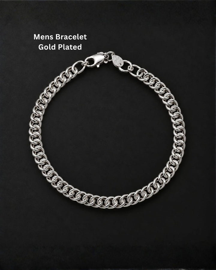 Stylish men’s silver finish bracelet arranged in a circular shape on a black background, highlighting its detailed chain design.