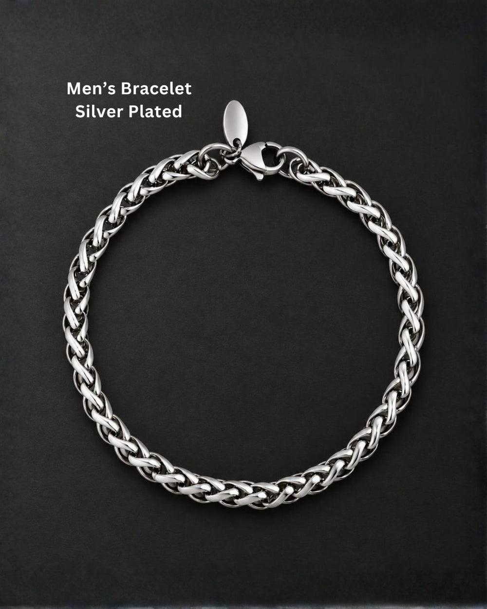 Elegant silver plated men’s bracelet featuring an intricate braided chain design, polished finish, and secure lobster clasp, perfect for daily wear, casual outfits, and modern looks.