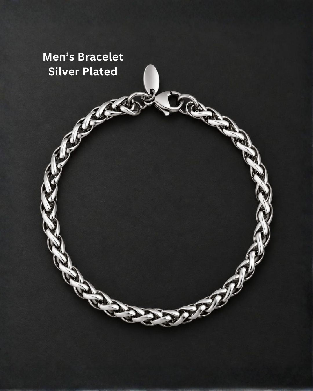 Elegant silver plated men’s bracelet featuring an intricate braided chain design, polished finish, and secure lobster clasp, perfect for daily wear, casual outfits, and modern looks.