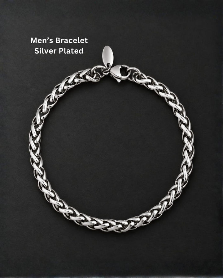 Elegant silver plated men’s bracelet featuring an intricate braided chain design, polished finish, and secure lobster clasp, perfect for daily wear, casual outfits, and modern looks.