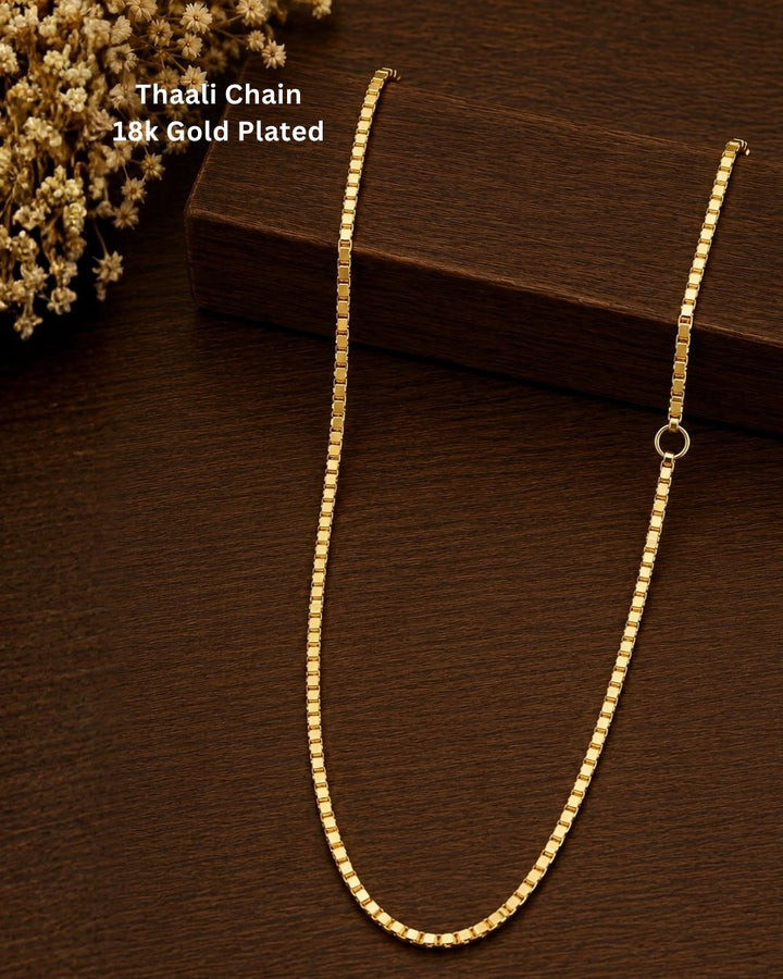 Beautiful minimal gold plated chain necklace featuring a continuous box-link pattern, polished finish, and secure round clasp. Perfect for daily wear, layering, casual outfits, traditional occasions, and gifting.