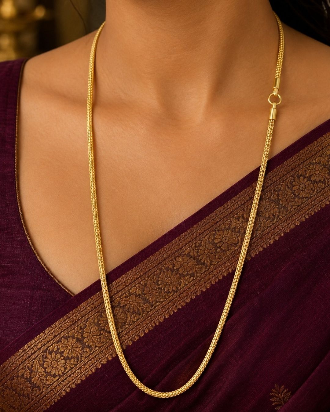 Beautiful gold plated thaali chain featuring a delicate textured link pattern and traditional clasp detailing. Perfect for weddings, daily wear, festive occasions, and gifting.