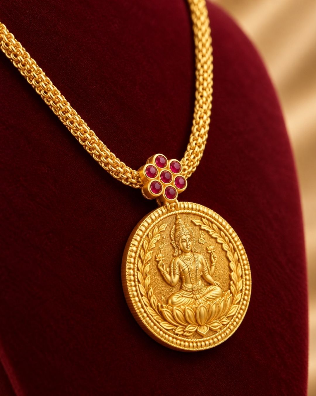 Woman wearing a gold necklace with a coin pendant Laxmi chain gold plated traditional necklace featuring a circular coin pendant embossed with Goddess Lakshmi seated on a lotus, connected by a small pink ruby stone floral accent to a thick textured mesh chain. This classic South Indian style necklace is crafted with a premium gold finish that provides a rich divine appearance suitable for weddings, festivals, poojas, family functions, Varalakshmi Vratam, Diwali, sarees, and ethnic outfits with skin-friendly