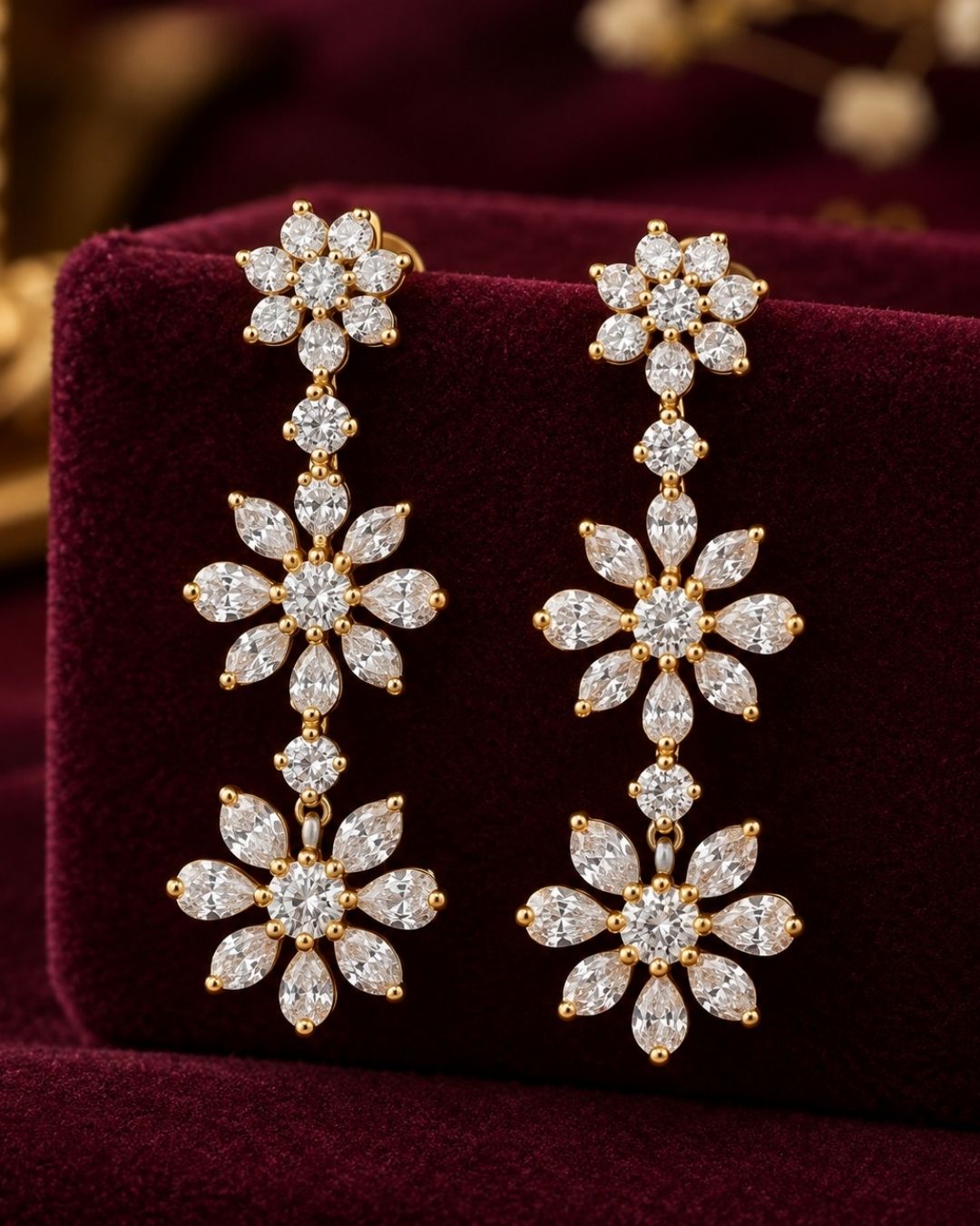 South Indian Woman wearing a Gold-plated zircon diamond necklace and earrings designed with floral pattern and tear drop in between the florals perfect for weddings, parties, functions.