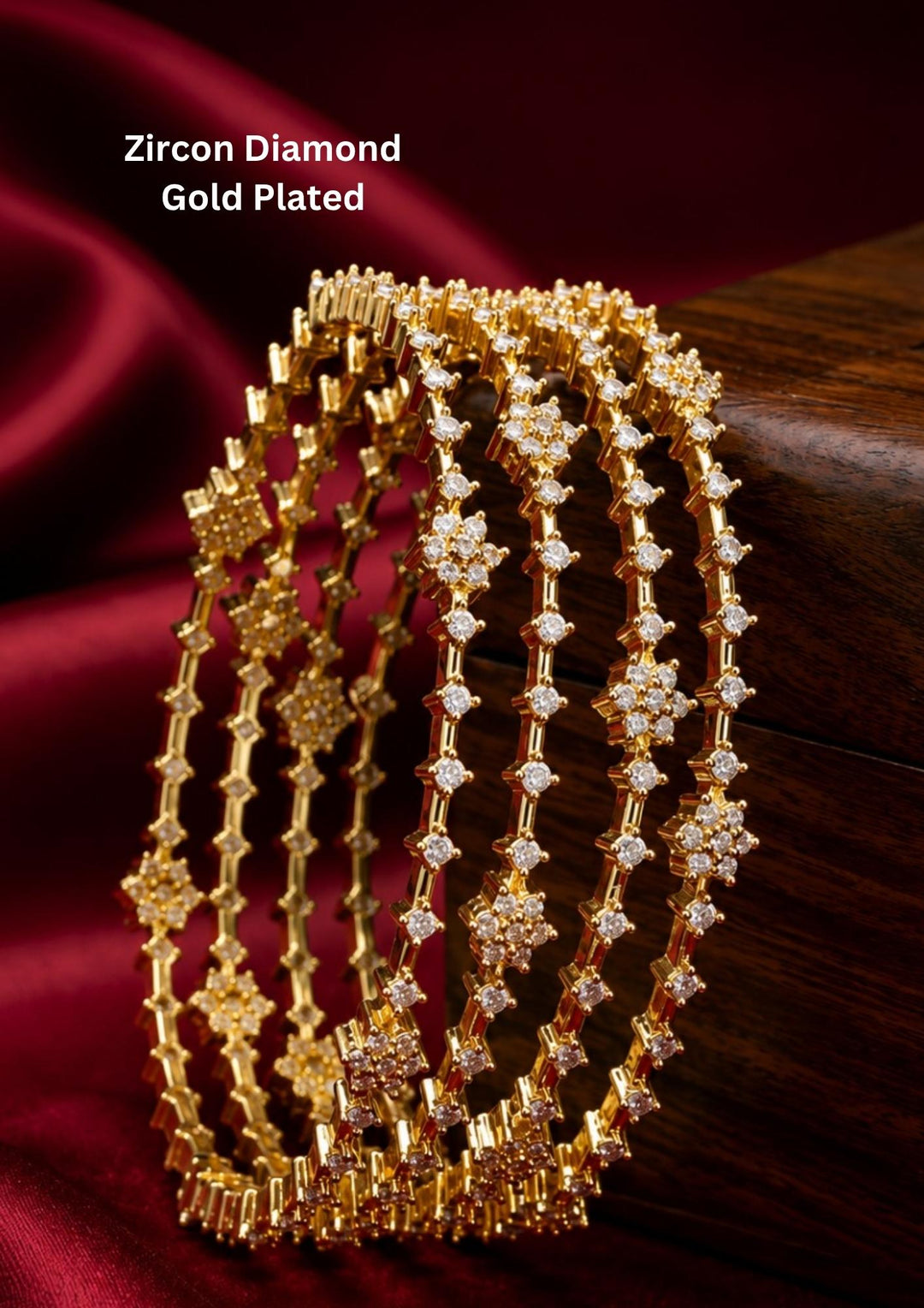 old plated zircon bangles crafted with repeating floral motifs and premium crystal embellishments, offering a graceful blend of sparkle and elegance for traditional and contemporary outfits. Perfect for weddings, festivals and party wear