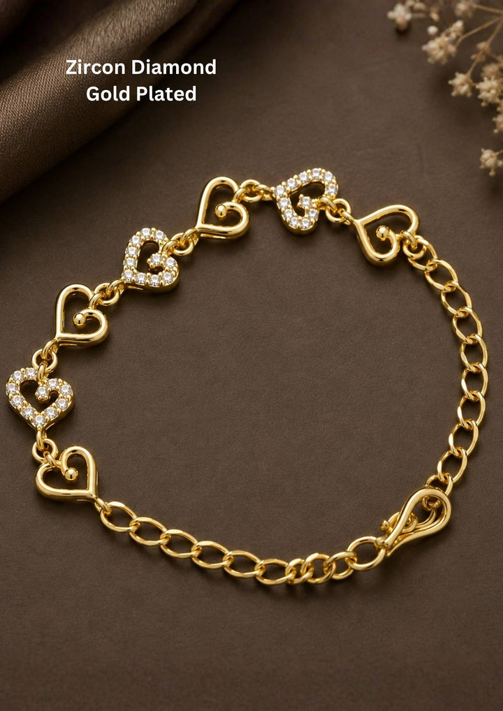 Premium 18K gold plated heart charm bracelet with sparkling zircon accents and a delicate adjustable chain, ideal for gifting and daily wear.
