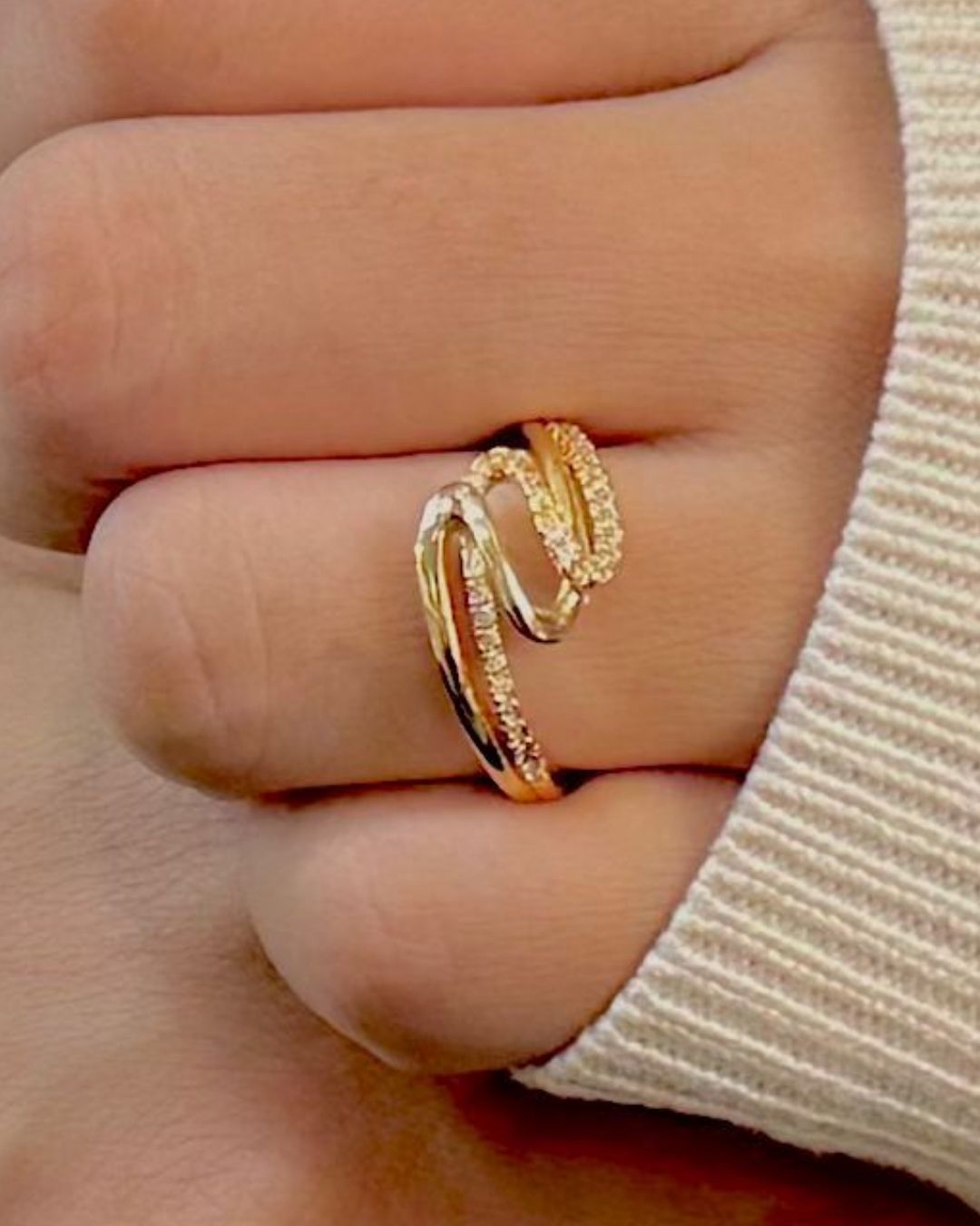 Elegant gold plated adjustable ring featuring a unique triple loop design, sparkling stone accents, polished gold finish, and contemporary styling, perfect for daily wear, parties, festive occasions, and special looks.