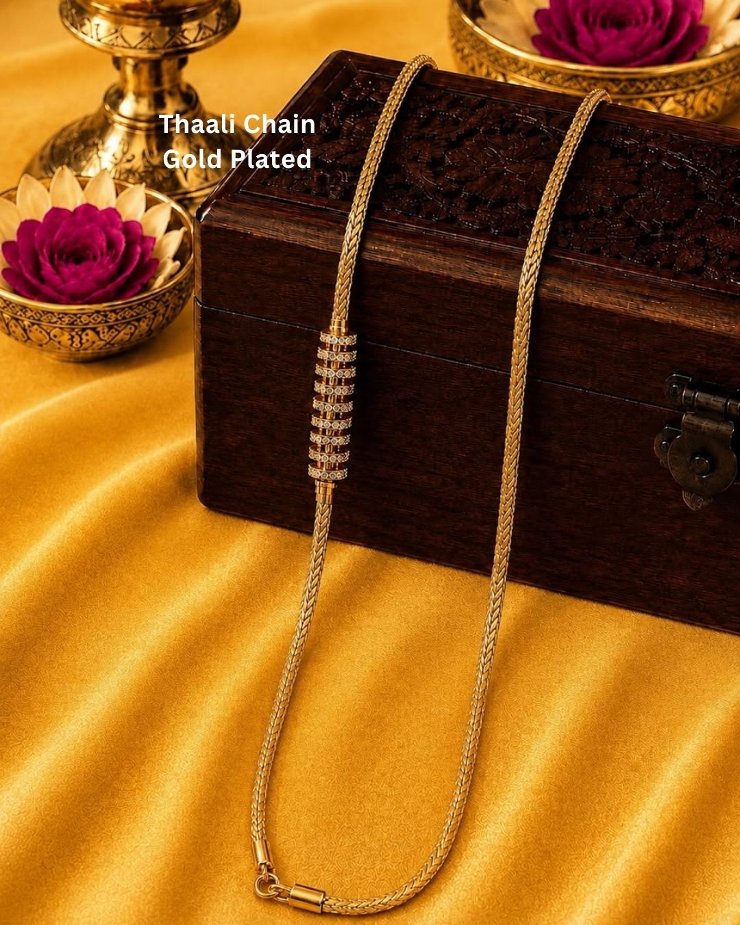 Beautiful 18K gold plated traditional Thaali chain with an elegant woven design and classic decorative detailing.
Designed for comfort, durability, and everyday elegance.
Perfect for pairing with mangalsutra pendants, weddings, festivals, and traditional occasions.