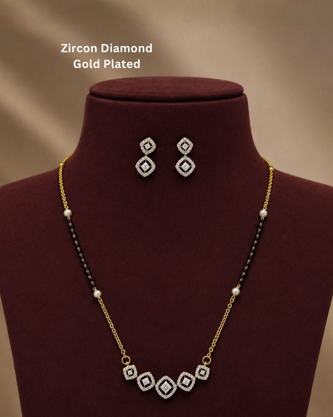 Beautiful black beads gold plated necklace set featuring a delicate chain, pearl accents, sparkling geometric pendant, and matching earrings. Perfect for daily wear, festive occasions, traditional outfits, and gifting.