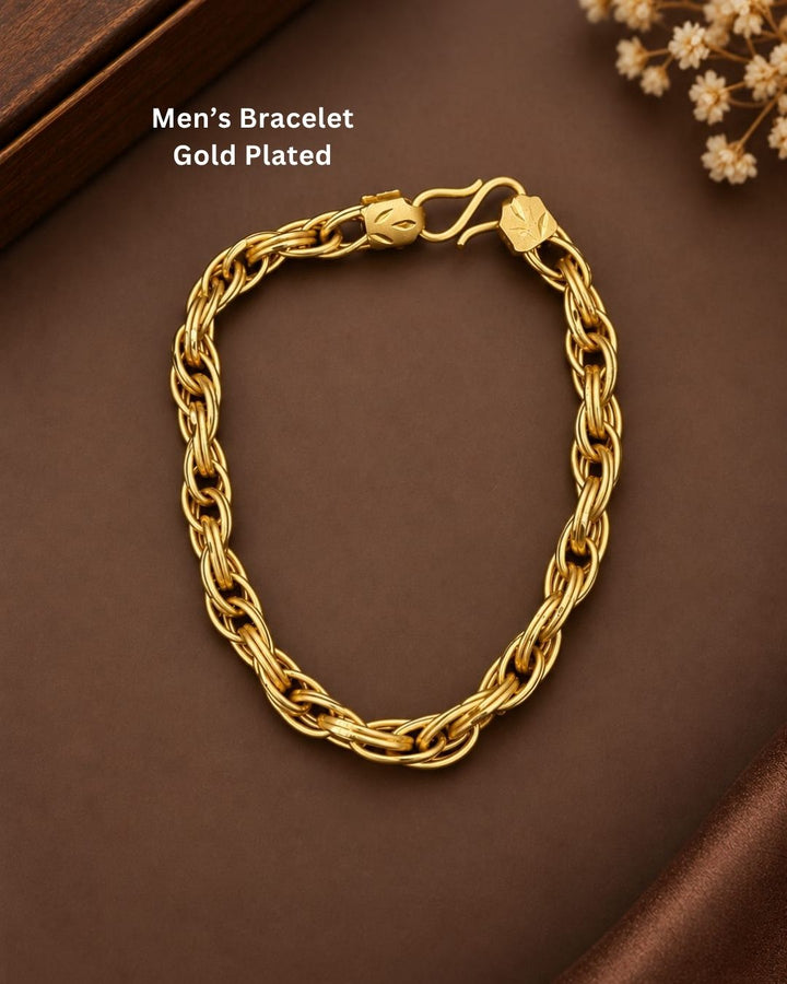 Premium gold plated men’s bracelet featuring a bold layered chain pattern and polished finish. Suitable for everyday wear, parties, festive occasions, special events, and gifting.