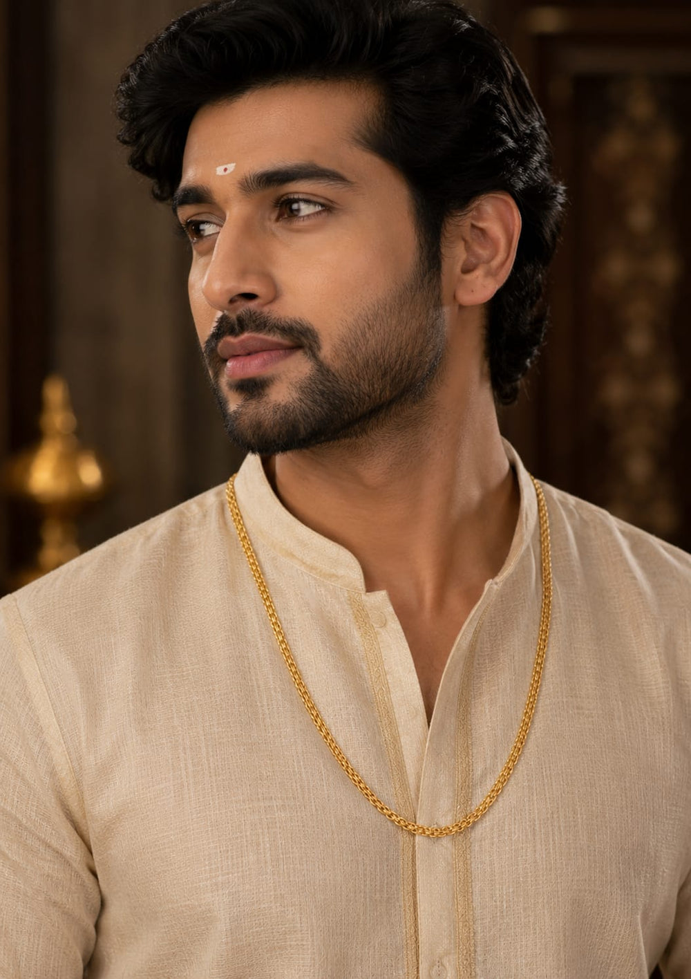 Man wearing a Gold-plated men's chain with link pattern perfect for daiy use, weddings