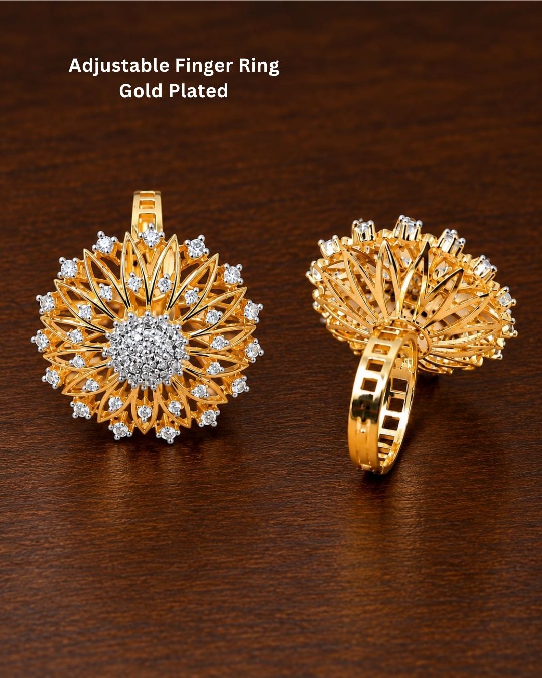 Premium gold plated floral statement ring featuring intricate layered petals, sparkling CZ detailing, and a bold center design, perfect for parties, festive occasions, special events, and gifting.