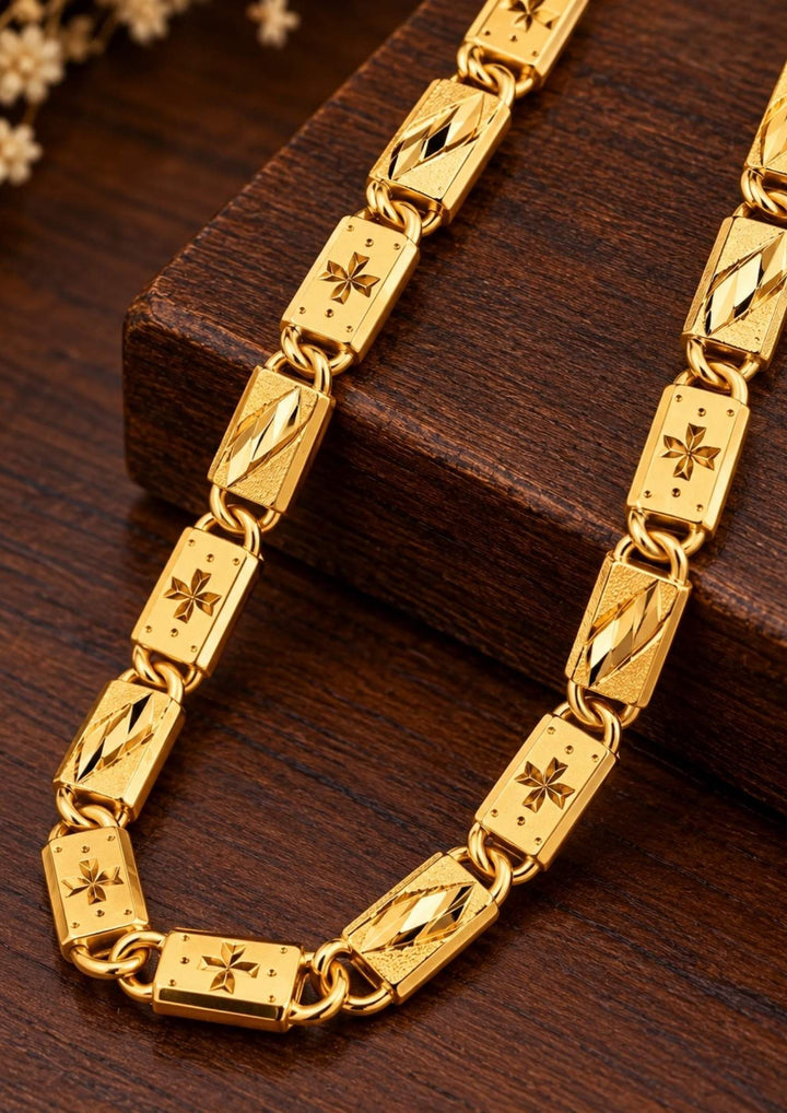 Premium gold plated men’s chain with detailed floral engraved links and a refined polished finish, suitable for everyday wear, festive occasions, parties, special events, and gifting.