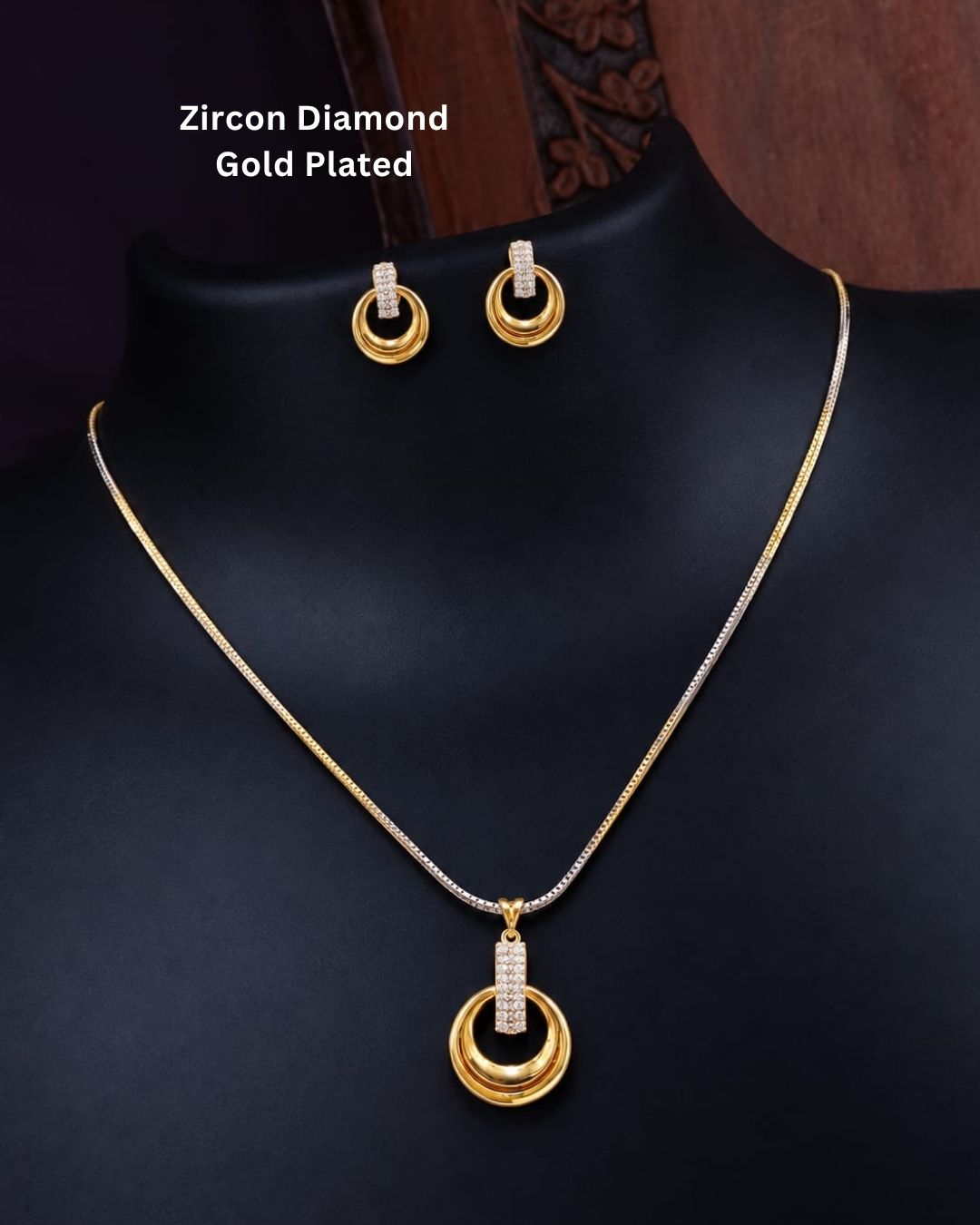 Stylish gold plated necklace set featuring a delicate chain, circular pendant with sparkling stone-studded detailing, and matching circular earrings, perfect for festive, party, and traditional occasions.