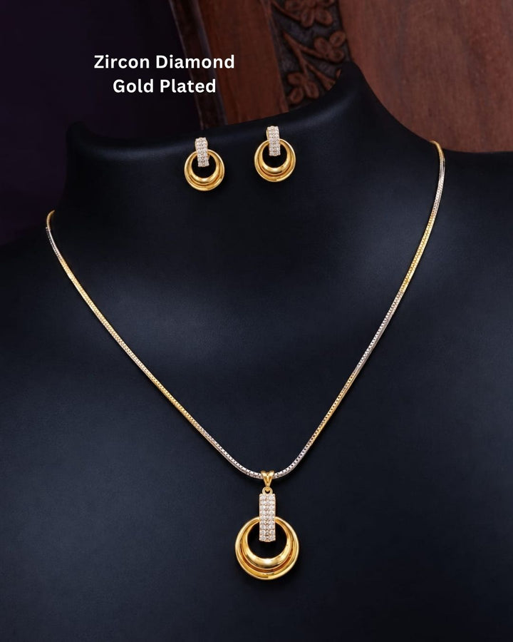 Stylish gold plated necklace set featuring a delicate chain, circular pendant with sparkling stone-studded detailing, and matching circular earrings, perfect for festive, party, and traditional occasions.
