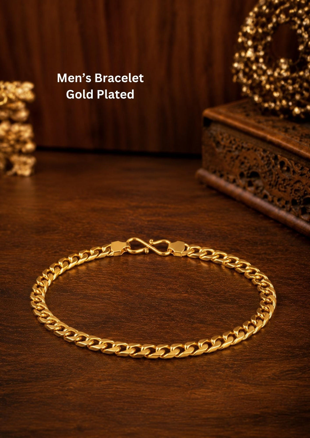 Classic men's gold plated bracelet featuring a sleek Cuban link chain with a secure hook clasp. Perfect for daily wear, parties, festive occasions, gifting, and modern men's styling.