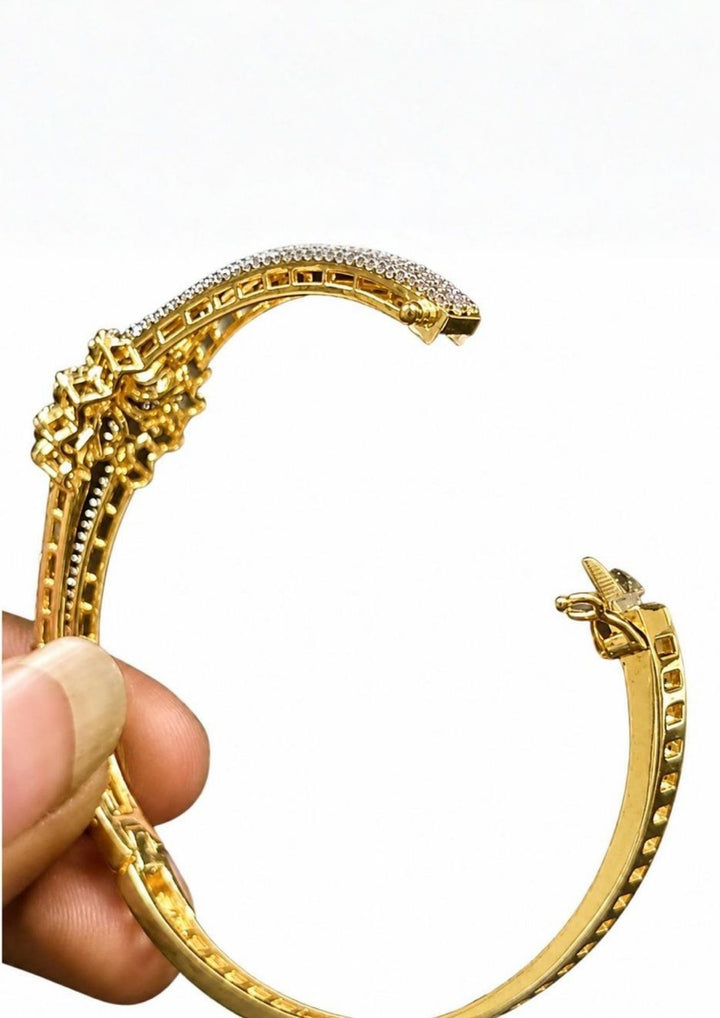 openable zircon diamond 18K gold plated bracelet designed with shimmering white zircon stones, floral diamond pattern and elegant gold finish that gives a graceful traditional and modern look