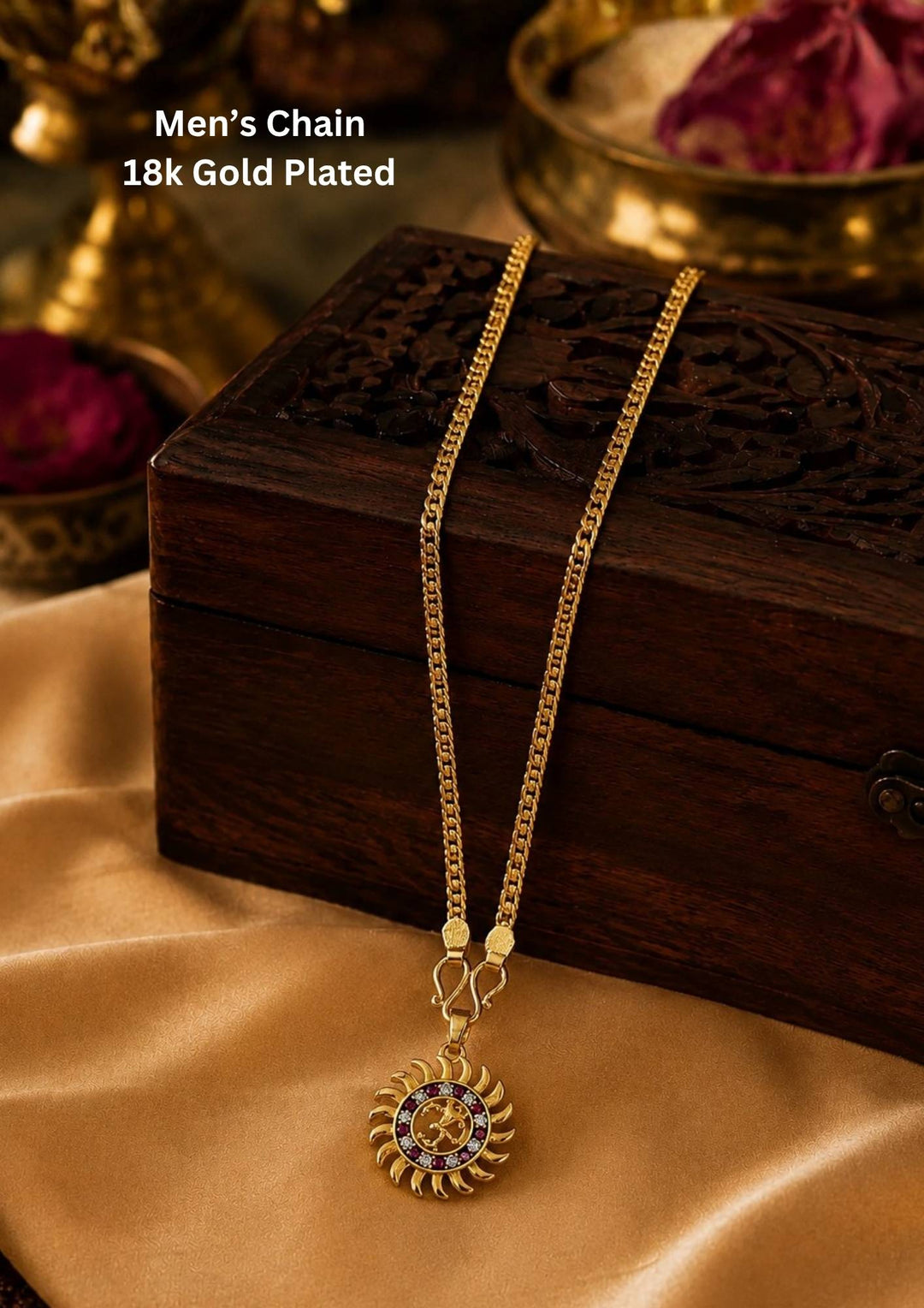 Elegant gold plated men's pendant chain showcasing a textured link design with a stylish sun motif and secure clasp.